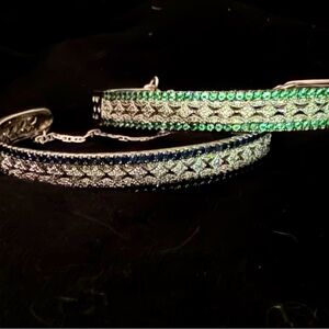 Set Of Emerald And Sapphire Diamond Pave’ Cuff Bracelets